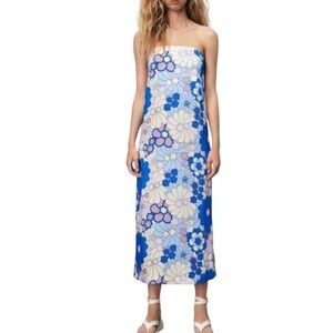Zara Blue Purple Retro Floral Print Satin Strapless Midi Dress - XS